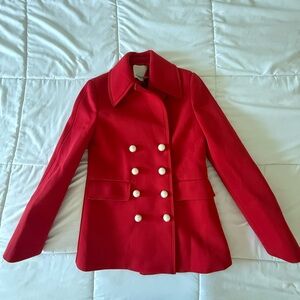 Pinko Vibrant Red Pea Coat with White Pearl Buttons